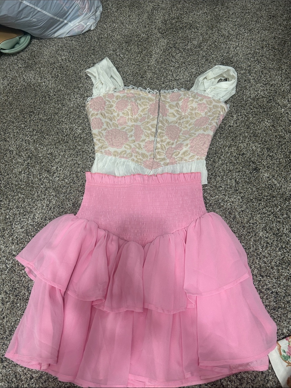 SHEIN Pink Tiered Ruffle Skirt Set with Floral Lace Bustier